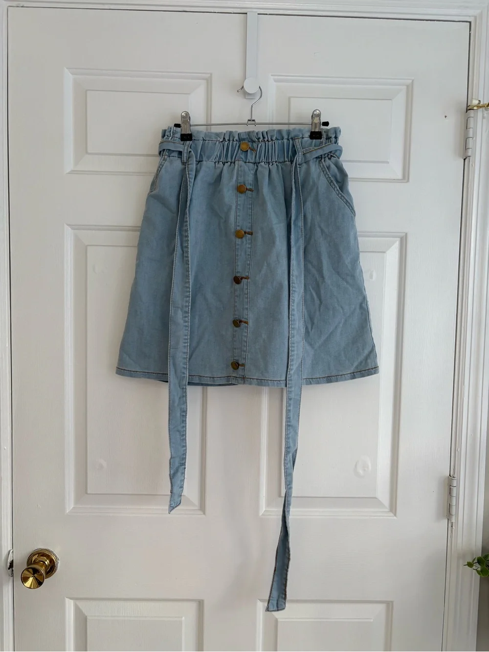 Light Blue Denim Button-Front Paperbag Mini Skirt